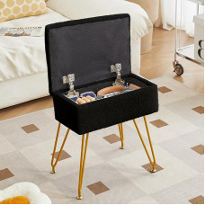 Alessing Vanity Stool Chair Ottoman with Storage, Sherpa Vanity Chair for Makeup Room, Rectangle Vanity Stools with Metal Legs, Soft Makeup Stool Footrest Footstools for Bedroom Living Room, Black