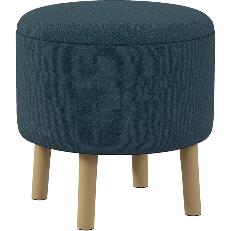 HOMCOM Round Storage Stool, Linen Fabric, Upholstered Footstool with Removable Top, Padded Seat, Hidden Space and Wooden Legs for Living Room, Blue