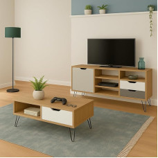 Mommahome Living Room Furniture TV Cabinet and Coffee Table Oak White and Grey MDF Metal Legs Dining Table Set of 2
