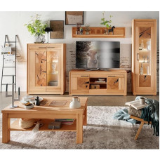 Living Furniture Set Living Room Wall Unit Solid Beech Heartwood Oiled Mounted 5-Piece Modern Highboard Wall Shelf Lowboard Display Cabinet Coffee Table with Lighting