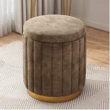 Velvet Vanity Stool with Storage Round Storage Comfortable Padded Footrest Couch Stool Bedroom Makeup Stool for Girls Room Women Gift Brown 34 x 34 x 44 cm