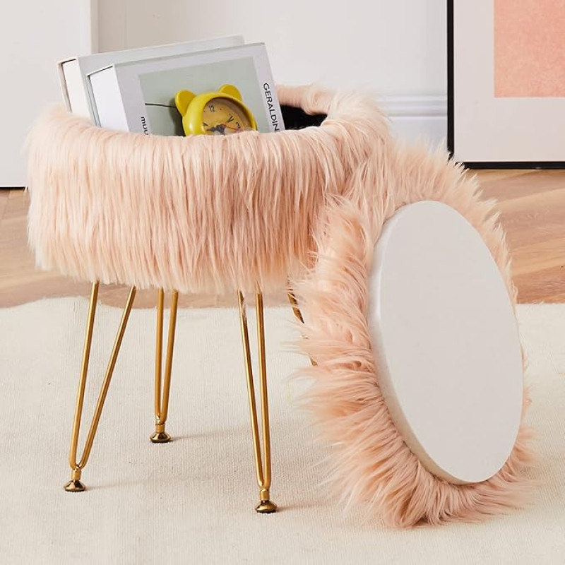 Mxfurhawa Round Faux Fur Ottoman Storage Soft Furry Ottoman with 4 Metal Legs Compact Footrest Stool Modern Footstool Ottoman Makeup Seat Entrance Makeup Bench