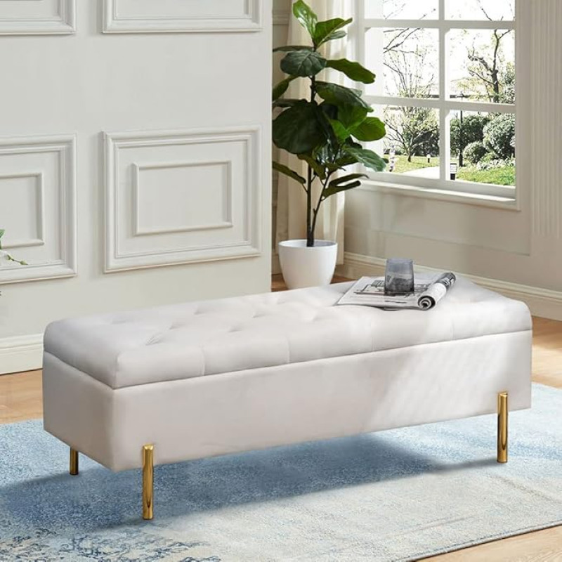 Andeworld Ottoman with Storage Bench, Modern Velvet Upholstery Rectangular Tufted Footstool Large Storage Bench for Bedroom Living Room Entryway (Ivory)
