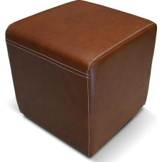 Quattro Meble Brown Gloss Genuine Leather Stool 40 x 40 x 40 cm Cowhide Seat Cube Footstool Puff Real Leather Antique Tobacco with Decorative Stitching in Cream