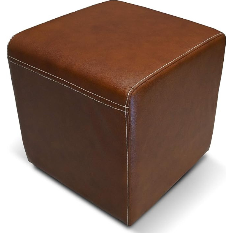 Quattro Meble Brown Gloss Genuine Leather Stool 40 x 40 x 40 cm Cowhide Seat Cube Footstool Puff Real Leather Antique Tobacco with Decorative Stitching in Cream