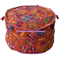 Indian Embroidered Patchwork Cover Indian Decorative Stool Indian Comfortable Floor Cotton Cushion Ottoman Stools Indian Designs Ethnic Patchwork Stool (Pink Rajkoti, 18 x 13 Inches)
