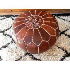 Moroccan Leather Pouffe/Footstool | Beautiful Handmade Genuine Leather Footstool From Morocco | Dark Brown with White Stitch/Comes Unfilled