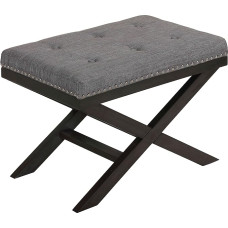 Cortesi Home Kayla Traditional Solid Wood X Legs Bench Ottoman in Linen Fabric, Grey