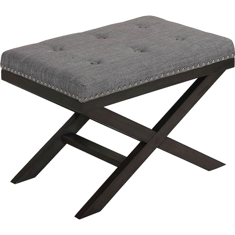 Cortesi Home Kayla Traditional Solid Wood X Legs Bench Ottoman in Linen Fabric, Grey