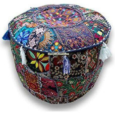 Round Patchwork Embroidered Multi Ottoman Pouf Bohemian Indian Decorative, Size 13 X 16 X 16 Inches