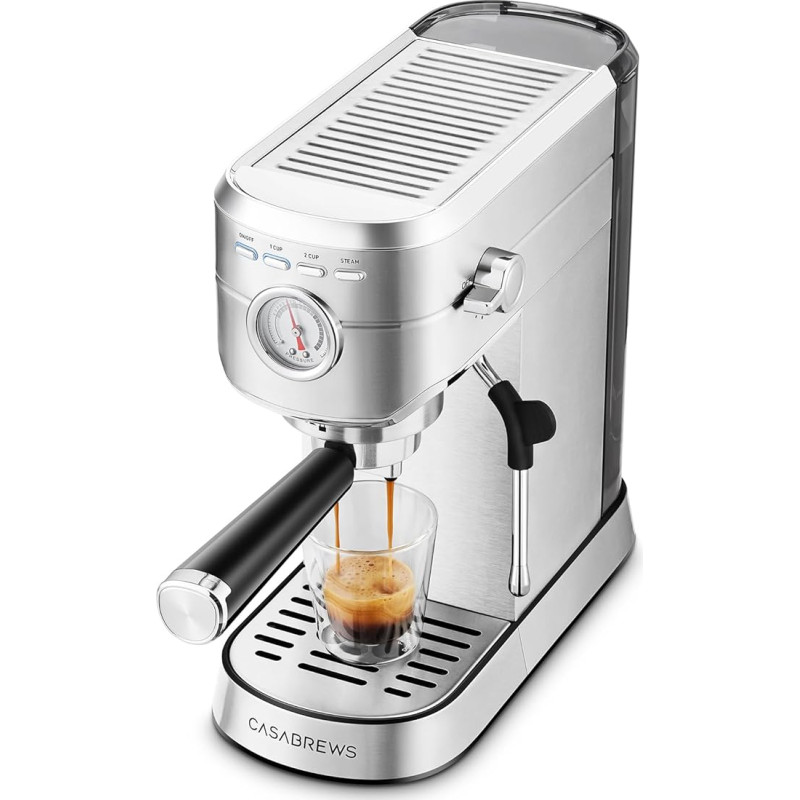 CASABREWS Espresso Portafilter Machine 20 Bar, roostevabast terasest espressomasin koos professionaalse piimavahustaja, väike kohvimasin Espresso Cappuccino, Latte & Macchiato jaoks, 1 L veepaak, hõbedane