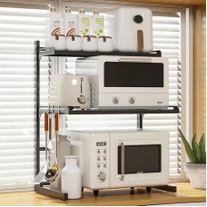 UUE mikrolaineahju riiul, 3-astmeline mikrolaineahju riiul, pikendatav tööpinna pagaririiul 4 konksuga, köögiriiul, vürtsiriiul, mikrolaineahju kabineti korraldaja köögi jaoks must, pikendatav 39-62 cm ulatuses