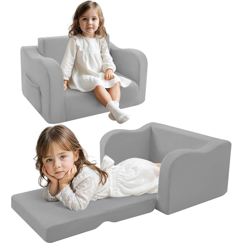 MeMoreCool Laste diivan Laste tugitool Fold-Out mugav diivanvoodi väikelastele, 2-in-1 diivanvoodi pehmesse nurka lastetoas, Mini beebi diivan koos unefunktsiooniga poistele ja tüdrukutele, Hall