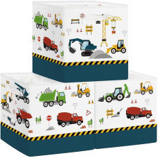 Clastyle Pack of 3 Laste auto hoiukasti kangas Kallax kokkupandav hoiukorv Väike poiss kapi korraldaja garderoobi riiulile, ehitusauto, 30 x 30 x 30 cm