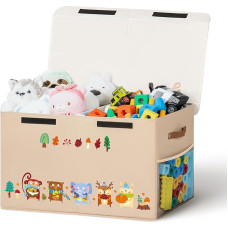 ADEHMDA 80L laste hoiukast, kokkupandav mänguasjakast kaanega, mänguasjakast, mängukast lastele, tüdrukutele ja poistele, lastetoas ja elutoas, 66 x 33 x 40 cm (khaki - loomad)