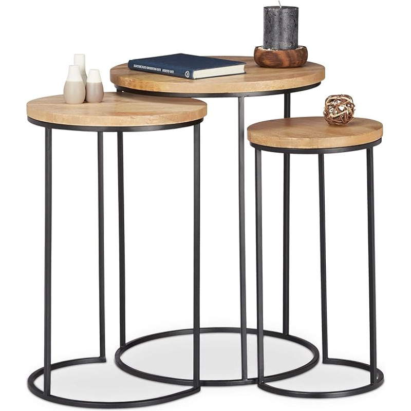 Relaxdays Kõrvallauad 3 ümmarguse riiuliga pesitsuslaudade komplekt 3 suuruses Metallist ja mangopuidust naturaalne K x S u. 56 x 41 cm.