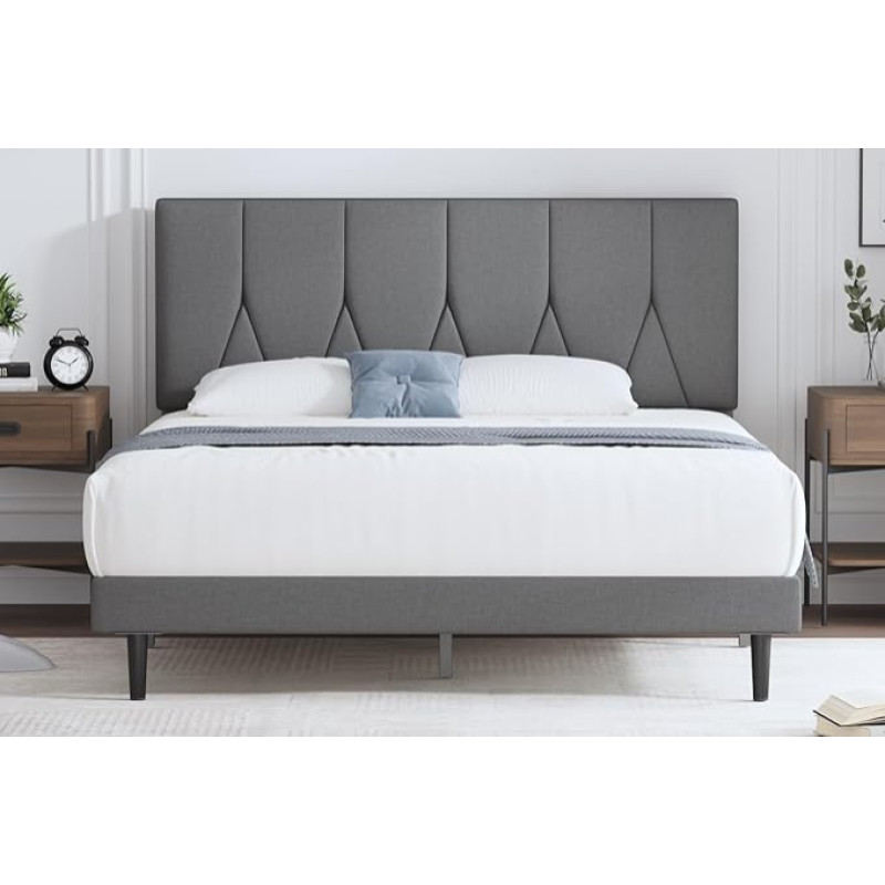 Yocreat polsterdatud voodi 140 x 200 cm voodiraam Double voodiraam koos peaplaadiga, riidest voodi lamelliraamiga, lihtne kokkupanek, helehall