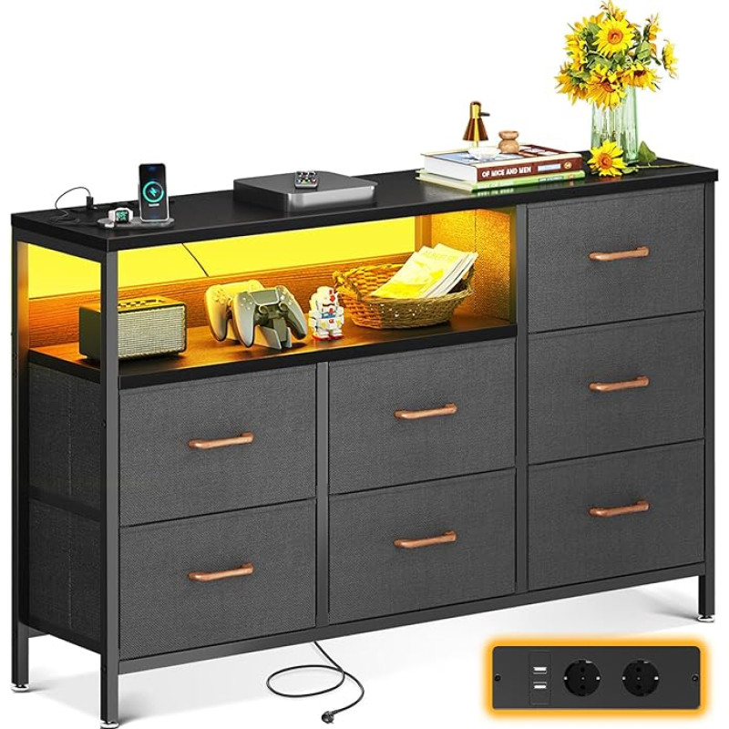 Coleshome värvivahetusega LED ribade ja 2 USB ja 2 AC pistikupesa, 7 riidest sahtliga kapp, sobib magamistuppa, elutuppa, 132 x 30 x 89 cm, musta värvi.