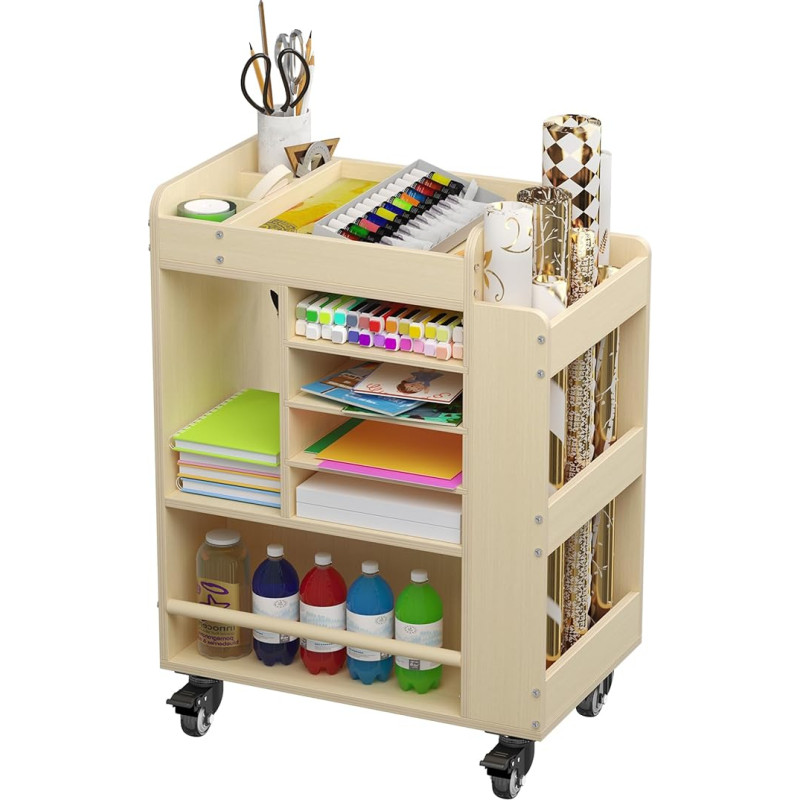 uyoyous kunstikäru veerev puit, kunsti- ja käsitöötarvete korraldaja, multifunktsionaalne hoiukapp käsitöö, DIY utiliitide käru pabeririiuliga, kunstitarvikute käru (50 x 32 x 66,8 cm)