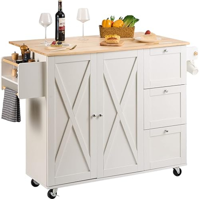 VEVOR Kitchen Trolley 1430 x 680 x 990 mm, Mobile Cart with Storage Cabinet, Rolling Kitchen Table with Spice Rack, Towel Holder and Drawer, Wooden Serving Trolley, Kitchen Island Trolley, White