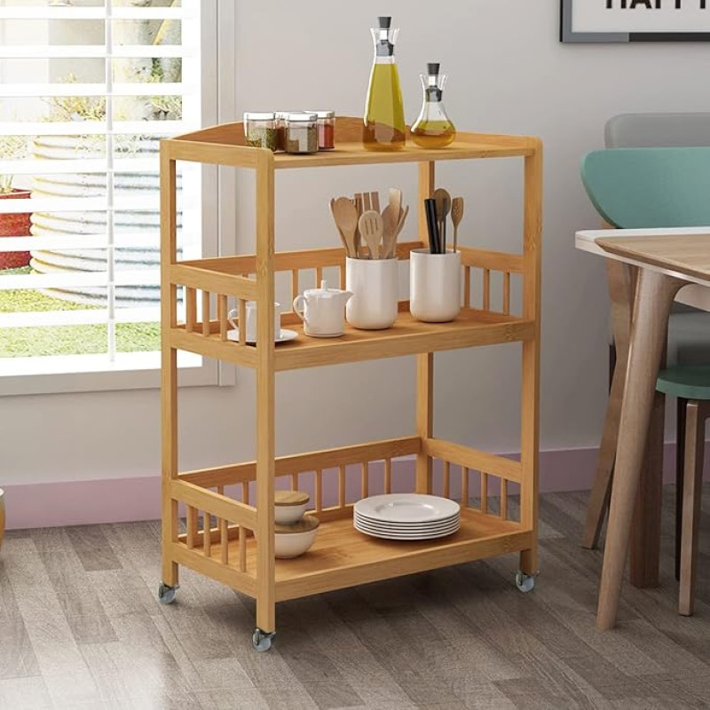SogesHome Kitchen Trolley on Wheels Storage Trolley with Wheels Serving Trolley Rack Trolley Bamboo with 3 Shelves Kitchen Shelf Organiser Trolley Mobile Utility Trolley Side Trolley