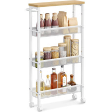 VASAGLE 4-Tier Kitchen Trolley, Narrow Recess Shelf, Kitchen Shelf on Wheels, Steel Frame Handle for Small Spaces, Kitchen, Bathroom, Living Room, Study, Oak White LRC032W09