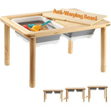 FUNLIO Wooden Feeling Table with 2 Compartments for Toddlers 1-5, 3-Level Height-Adjustable Children's Dining Table with Warp-proof Plywood Lid, Play Sand and Water Table, CPC Certified