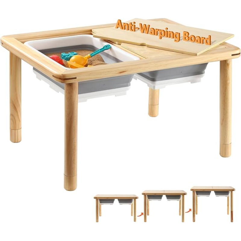 FUNLIO Wooden Feeling Table with 2 Compartments for Toddlers 1-5, 3-Level Height-Adjustable Children's Dining Table with Warp-proof Plywood Lid, Play Sand and Water Table, CPC Certified