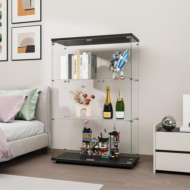 FANYUSHOW Glass Display Case in Black, Modern Glass Wood Display Case, 3-Layer Glass Display Case for Collectibles, Books, Wine, for Office, Living Room, Kitchen, 125 x 79 x 36.5 cm