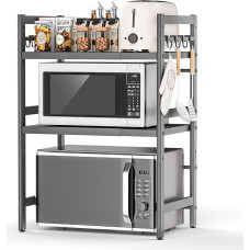 Glovios Expandable Microwave Shelf Standing Microwave Shelf for Kitchen Organiser Microwave Stand Kitchen Shelf Worktop Baker's Rack Microwave Holder with 6 Hooks (Black 3-Tier)
