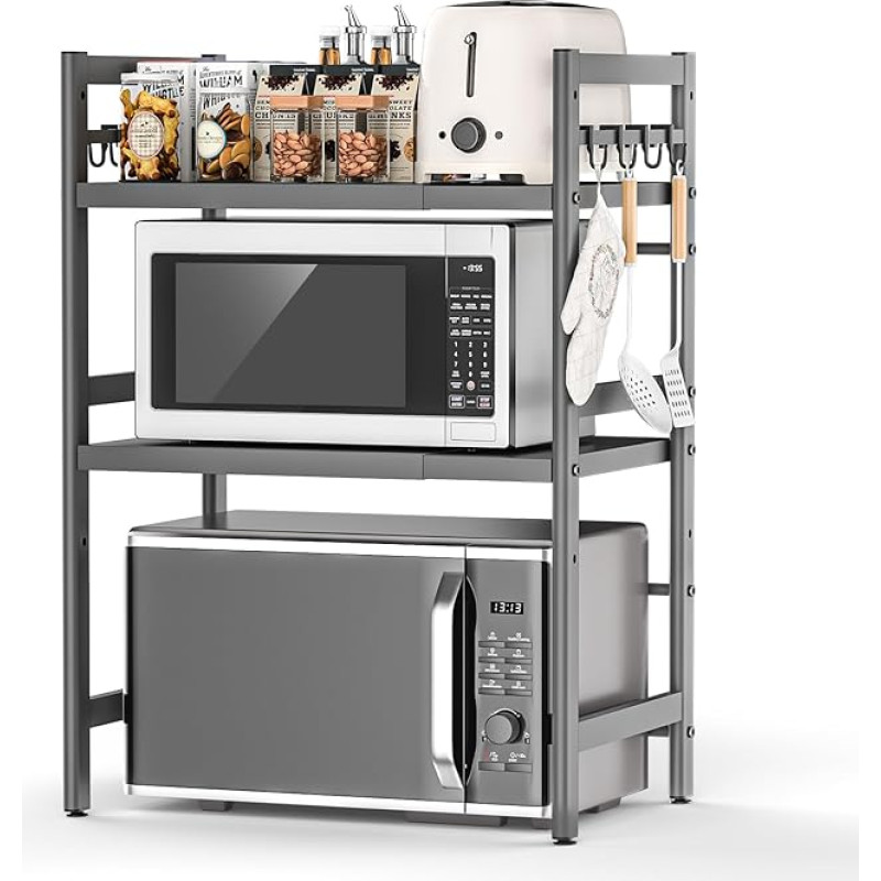 Glovios Expandable Microwave Shelf Standing Microwave Shelf for Kitchen Organiser Microwave Stand Kitchen Shelf Worktop Baker's Rack Microwave Holder with 6 Hooks (Black 3-Tier)