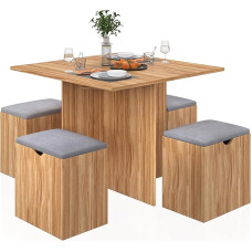 Mondeer Dining Table with 4 Stools Soft Cushions, Dining Table Set with Storage Space for Small Spaces Dining Room Kitchen, 80 x 80 x 75 cm, Red Oak and Grey