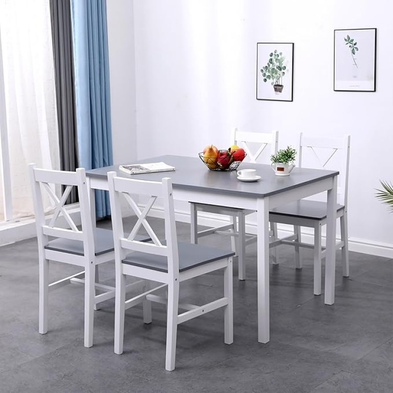 sogesfurniture Dining Room Set 5-Piece with Dining Table 108 x 65 x 73 cm and 4 Chairs, Rectangular Kitchen Table Set for Living Room, Dining Room, White & Grey