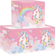 Clastyle Pack of 3 Unicorn Children's Fabric Storage Boxes for Kallax Foldable Storage Basket Small Girls Cupboard Organiser Wardrobe for Shelf, Cloud, 30 x 30 x 30 cm