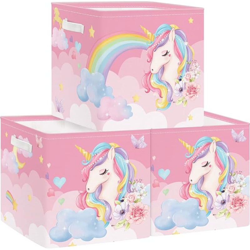 Clastyle Pack of 3 Unicorn Children's Fabric Storage Boxes for Kallax Foldable Storage Basket Small Girls Cupboard Organiser Wardrobe for Shelf, Cloud, 30 x 30 x 30 cm