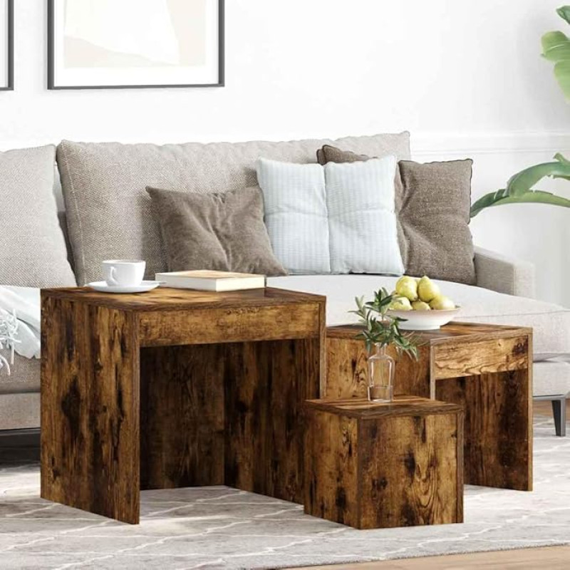 WKIEQACO Nisttische aus geräuchertem Eichenholz, Akzenttische, Beistelltische, 3 Stück