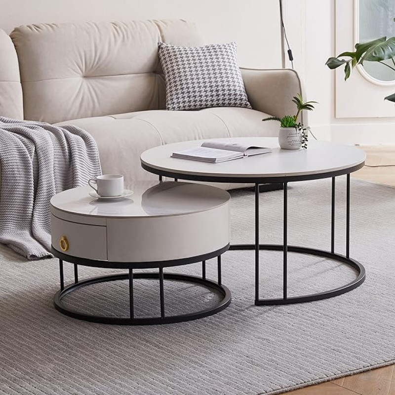 okwish Round Coffee Table, Set of 2, Modern Living Room Table with Marble Look, High Gloss Nesting Table with Storage Space, for Living Room, Balcony and Office, Metal Frame, White and Black