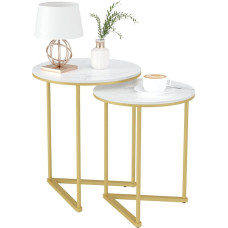 FATIVO Set of 2 Marble: Round Gold Side Table Set - Coffee Table White Living Room Table with Gold Iron Frame for Living Room, Larger Table 45 x 55 cm and Small Table 40 x 51 cm