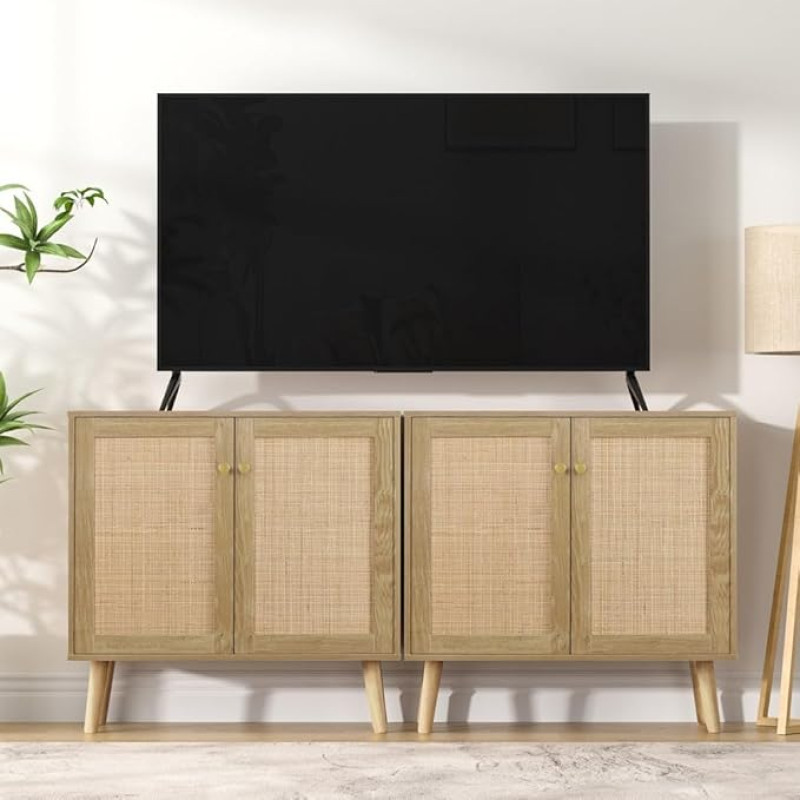 Skokliz Kitchen Cabinet, Sideboard with 2 Doors Rattan Inserts, Buffet Cabinet, Storage Cabinet, Furniture, 80 x 35 x 79 cm for Kitchen, Dining Room, Living Room, Natural