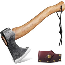 DRAGON RIOT Camping Hatchet Axe with Sheath, Axe Wooden Columns 33 cm Hand Hatchet Sharp Viking Axes Outdoor Small with Wooden Handle Bushcraft Hatchet for Father's Day Gift