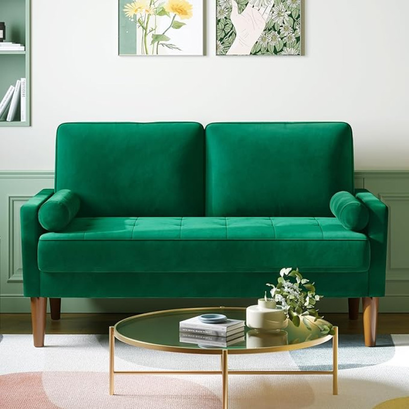 Meskanu Couch 2 Seater, 121 cm Velvet Small Sofa with 2 Throw Cushions, Modern Mini Sofa, Tufted Small Couch for Living Room/Bedroom/Office/Apartment, Green