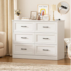 FiveWillowise Chest of Drawers White with 6 Drawers, Sideboard Living Room with 2 USB Ports and 2 Charging Functions, Comode Cabinet for Bedroom, Study Room, Hallway, 106 x 81.5 x 39 cm