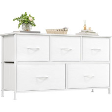 Somdot Chest of Drawers White with 5 Drawers Made of Fabric, Sideboard with Wooden Top, Cupboard Wide for Living Room, Hallway, Dresser Cabinet, Kitchen Cabinet, Bedroom Cabinet
