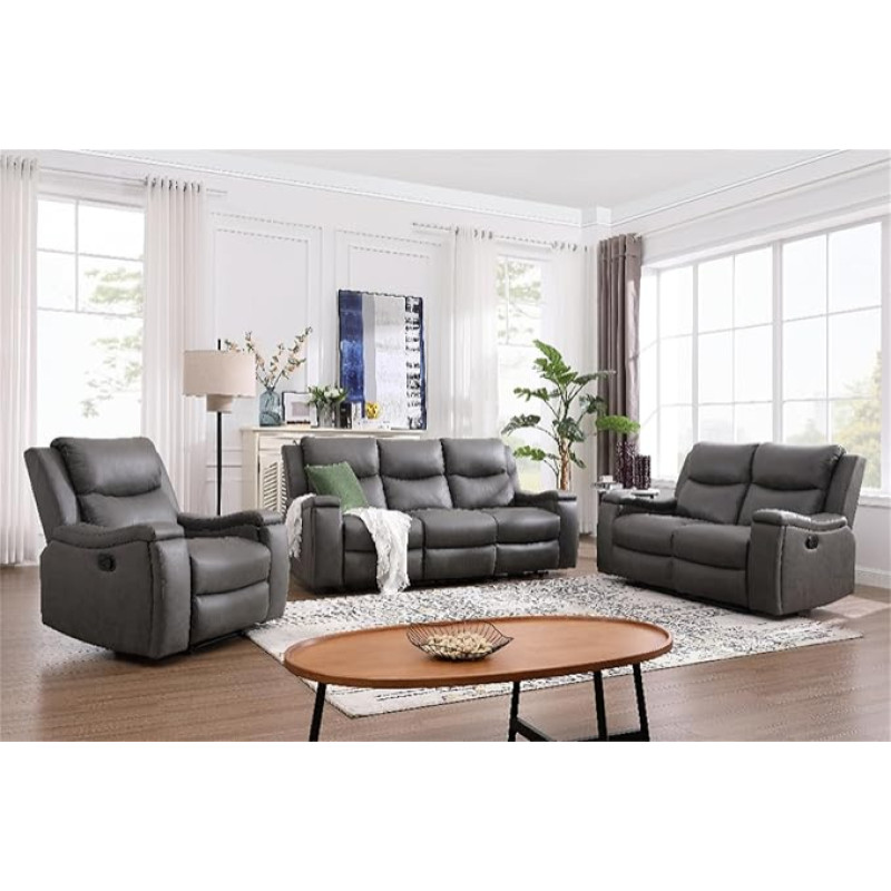 mymai Sofa Set, Upholstery Set 3-Piece Grey Faux Leather, Sofa with Relaxation Function, Couch Set, Living Room Sofa, Couch, Sofa Set for Living Room