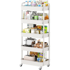Sywhitta 5-Tier Plastic Rolling Cart with Handle, Multifunctional Storage Cart for Office, Living Room, Kitchen, Movable Storage Organizer with Wheels, White
