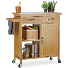Relaxdays Kitchen Trolley Wood Bamboo 4 Wheels Marble Worktop with Drawers H/W/D: 85.5 x 89.5 x 36 cm, Natural
