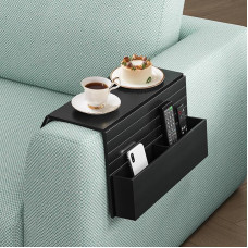 Funkup Sofa Tray Armrest with Drink Holder & Compartments, Foldable Wooden Couch Tray Sofa Shelf, Practical Couch Shelf for Sofa Armrest, Black