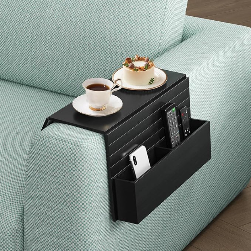 Funkup Sofa Tray Armrest with Drink Holder & Compartments, Foldable Wooden Couch Tray Sofa Shelf, Practical Couch Shelf for Sofa Armrest, Black