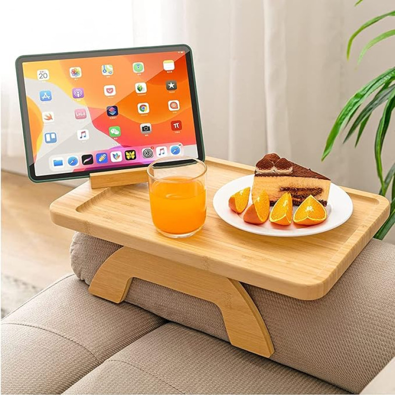 Sofa Tray with Rotating Mobile Phone Holder, Wooden Bamboo Couch Tray Armrest, Foldable Clip On Sofa Tray for Wide Sofas, Non-Slip Couch Armrest Table Sofa Drink Holder Shelf