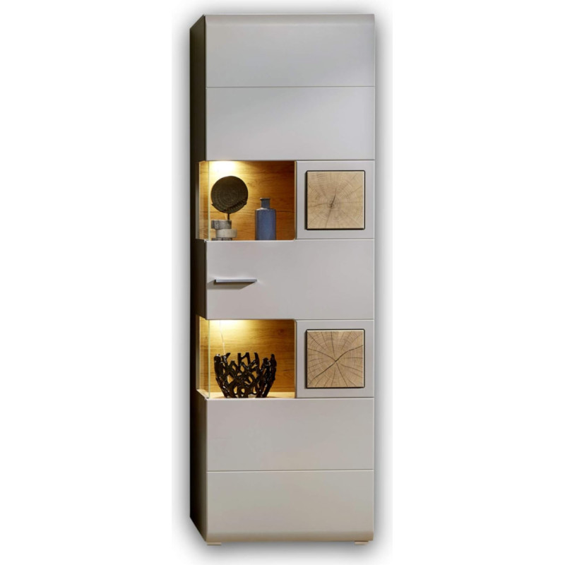 Stella Trading Fun Plus 2 Large Display Cabinet in Basalt with Beautiful End-Grain Wood Appliques - Glass Display Case Including LED lighting - 65 x 205 x 37 cm (W x H x D)